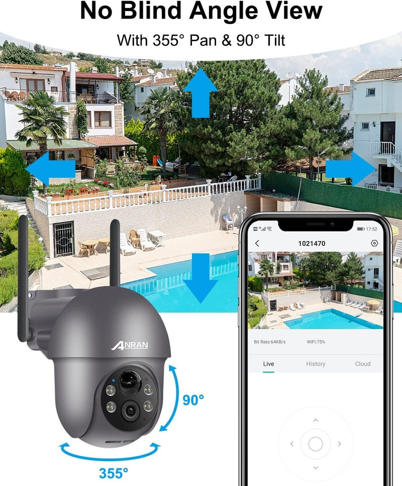 ANRAN 5MP Security Cameras Wireless Outdoor, Solar Camera Wireless with 360° View for Home Surveillance, WiFi Camera with Spotlights, PIR Detection, Color Night Vision, Siren Alarm, Q1 Max Grey - Image 2